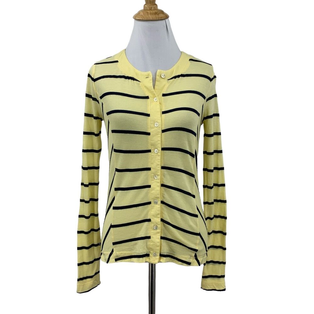 Three Dots Button Up Top Womens XS Extra Small Bloomingdales Yellow Navy Striped